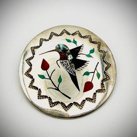Jewelry - Sterling Hummingbird Inlay Brooch/Pendant — Etch Signed “Sterling” & “RB,” 1.5"